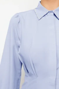 Trendyol Modest Mavi Waisted Pearl Detailed Weaving Shirt - Image 5