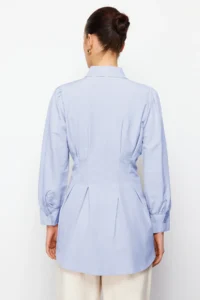 Trendyol Modest Mavi Waisted Pearl Detailed Weaving Shirt - Image 6