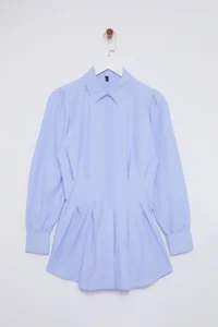 Trendyol Modest Mavi Waisted Pearl Detailed Weaving Shirt - Image 7