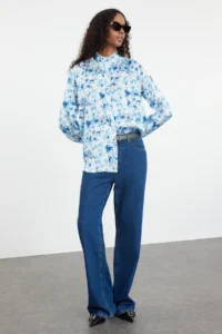 Trendyol Modest Mavi Frilly flower patterned Satin Weaving Shirt