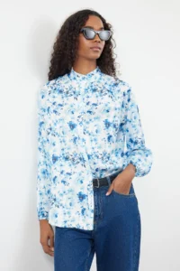 Trendyol Modest Mavi Frilly flower patterned Satin Weaving Shirt - Image 2