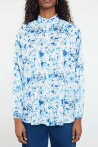 Trendyol Modest Mavi Frilly flower patterned Satin Weaving Shirt - Image 3