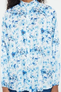 Trendyol Modest Mavi Frilly flower patterned Satin Weaving Shirt - Image 4