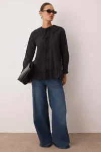 Trendyol Modest Black Cotton Ruffle Detailed Weaving Shirt - Image 2