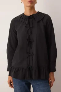 Trendyol Modest Black Cotton Ruffle Detailed Weaving Shirt - Image 3