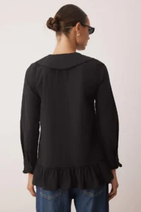 Trendyol Modest Black Cotton Ruffle Detailed Weaving Shirt - Image 4