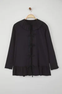 Trendyol Modest Black Cotton Ruffle Detailed Weaving Shirt - Image 5