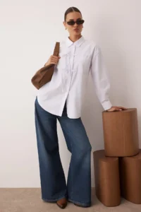 Trendyol Modest White Front Piping Detailed Weaving Shirt