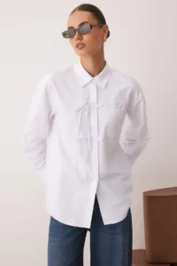 Trendyol Modest White Front Piping Detailed Weaving Shirt - Image 2