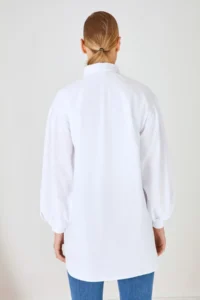 Trendyol Modest White Balloon Sleeve Back LONG Pocket Detail Basic Weaving Shirt - Image 10