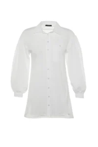 Trendyol Modest White Balloon Sleeve Back LONG Pocket Detail Basic Weaving Shirt - Image 11