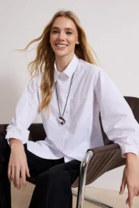 Trendyol Modest White Balloon Sleeve Back LONG Pocket Detail Basic Weaving Shirt - Image 2