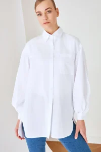Trendyol Modest White Balloon Sleeve Back LONG Pocket Detail Basic Weaving Shirt - Image 6