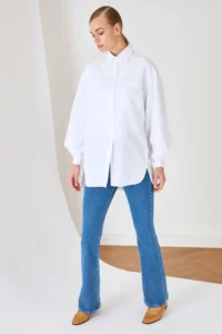 Trendyol Modest White Balloon Sleeve Back LONG Pocket Detail Basic Weaving Shirt - Image 8