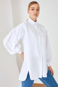 Trendyol Modest White Balloon Sleeve Back LONG Pocket Detail Basic Weaving Shirt - Image 9