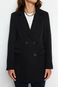 Trendyol Modest Black Double Button Detailed with pocket Lined Blazer Weaving Jacket - Image 4