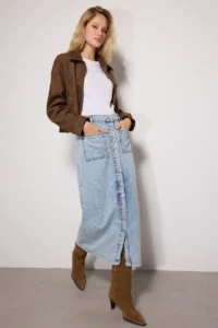 TRENDYOLMiLLA Light Blue double pocket Front buttoned High Waist Maxi denim Jeans Skirt - Image 3
