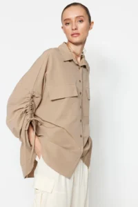 Trendyol Modest Stone Sleeves Adjustable Drawstring Detailed Weaving Cotton Shirt
