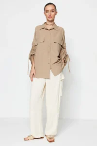 Trendyol Modest Stone Sleeves Adjustable Drawstring Detailed Weaving Cotton Shirt - Image 2