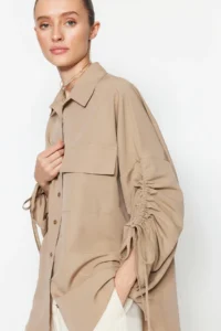 Trendyol Modest Stone Sleeves Adjustable Drawstring Detailed Weaving Cotton Shirt - Image 3