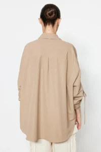 Trendyol Modest Stone Sleeves Adjustable Drawstring Detailed Weaving Cotton Shirt - Image 4