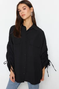 Trendyol Modest Black Sleeves Adjustable Drawstring Detailed Weaving Cotton Shirt
