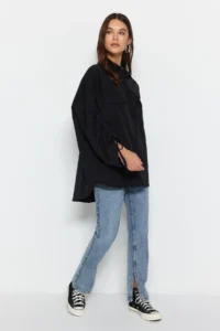 Trendyol Modest Black Sleeves Adjustable Drawstring Detailed Weaving Cotton Shirt - Image 2