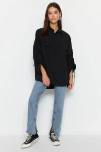 Trendyol Modest Black Sleeves Adjustable Drawstring Detailed Weaving Cotton Shirt - Image 3