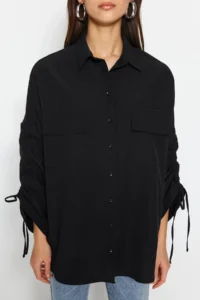 Trendyol Modest Black Sleeves Adjustable Drawstring Detailed Weaving Cotton Shirt - Image 4