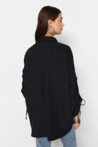 Trendyol Modest Black Sleeves Adjustable Drawstring Detailed Weaving Cotton Shirt - Image 6
