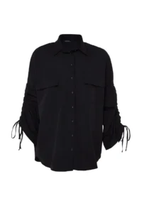 Trendyol Modest Black Sleeves Adjustable Drawstring Detailed Weaving Cotton Shirt - Image 7