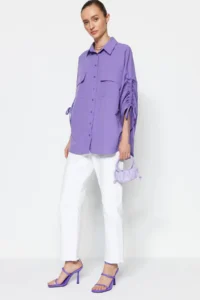 Trendyol Modest Purple Sleeves Adjustable Drawstring Detailed Weaving Cotton Shirt - Image 2
