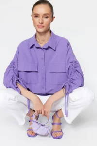 Trendyol Modest Purple Sleeves Adjustable Drawstring Detailed Weaving Cotton Shirt - Image 3