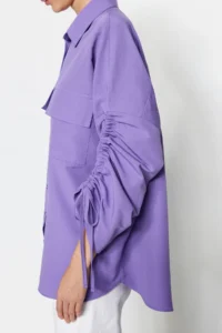 Trendyol Modest Purple Sleeves Adjustable Drawstring Detailed Weaving Cotton Shirt - Image 4