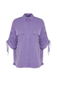 Trendyol Modest Purple Sleeves Adjustable Drawstring Detailed Weaving Cotton Shirt - Image 6