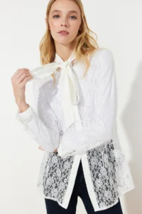 Trendyol Modest White embroidery Lace Chic Weaving Shirt - Image 2