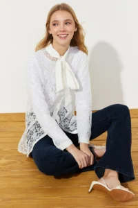 Trendyol Modest White embroidery Lace Chic Weaving Shirt - Image 4