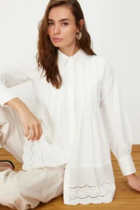 Trendyol Modest Ecru embroidery Detailed Cotton Weaving Shirt - Image 2