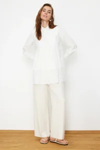 Trendyol Modest Ecru embroidery Detailed Cotton Weaving Shirt - Image 3