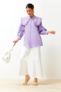 Trendyol Modest Lilac Baby Collar Cotton Weaving Shirt - Image 2