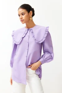 Trendyol Modest Lilac Baby Collar Cotton Weaving Shirt - Image 3