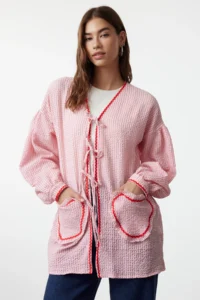 Trendyol Modest Pink Heart Pocket Detail seersucker Weaving Shirt