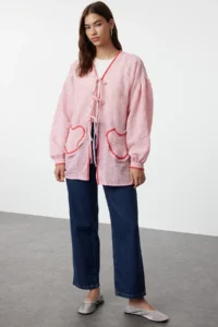 Trendyol Modest Pink Heart Pocket Detail seersucker Weaving Shirt - Image 2