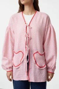 Trendyol Modest Pink Heart Pocket Detail seersucker Weaving Shirt - Image 3