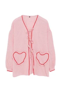 Trendyol Modest Pink Heart Pocket Detail seersucker Weaving Shirt - Image 6