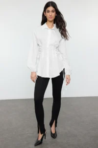 Trendyol Modest Ecru Belde Binding Detailed Weaving Shirt - Image 2