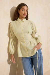 Trendyol Modest Yellow Fitted Belden Binding Detailed Striped Weaving Shirt - Image 2