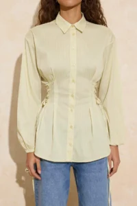 Trendyol Modest Yellow Fitted Belden Binding Detailed Striped Weaving Shirt - Image 3