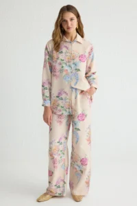 Trendyol Modest Powder Pink Floral linen look Weaving Shirt - Image 3