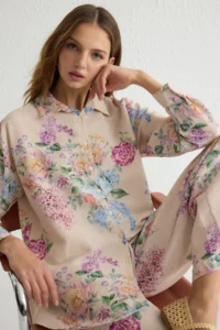 Trendyol Modest Powder Pink Floral linen look Weaving Shirt - Image 4